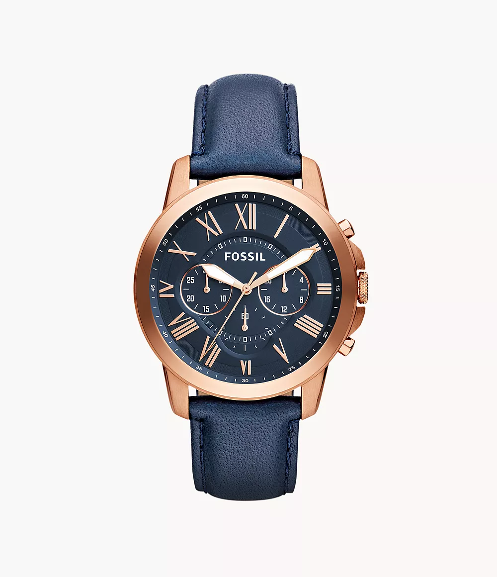 Grant Chronograph Navy Leather Watch Fossil